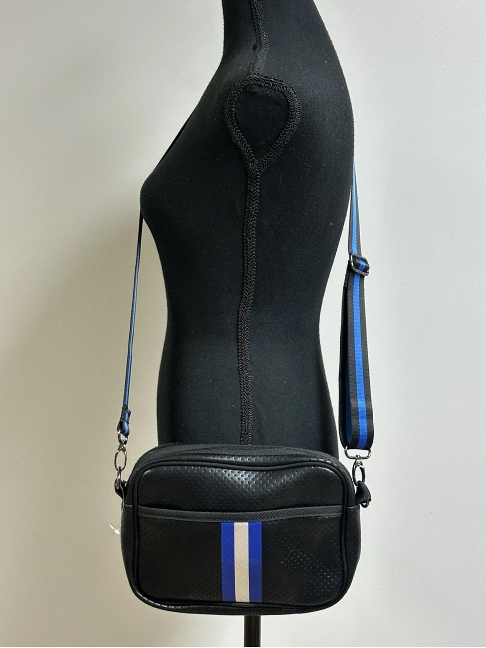 Haute Shore DREW Black Crossbody Bag Epic Blue white Stripe